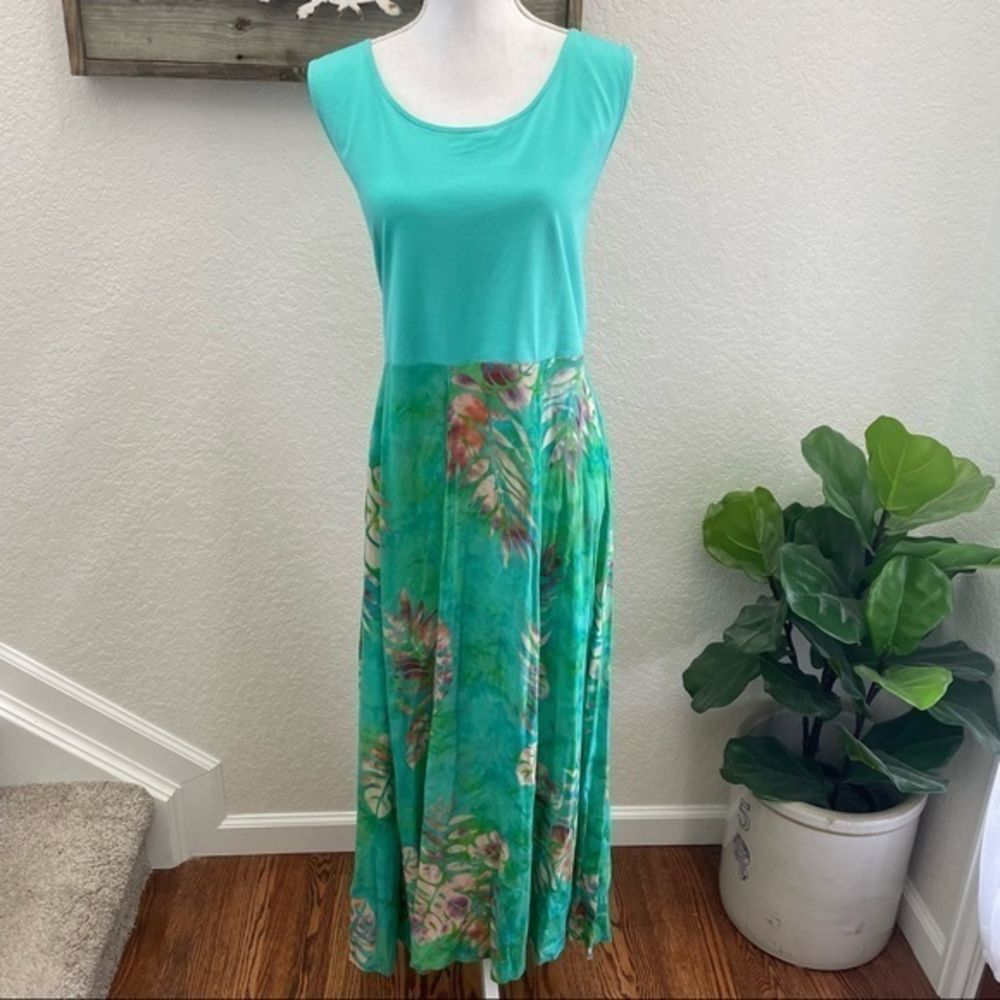 Soft surroundings green stretchy top batik skirt maxi dress size XL
